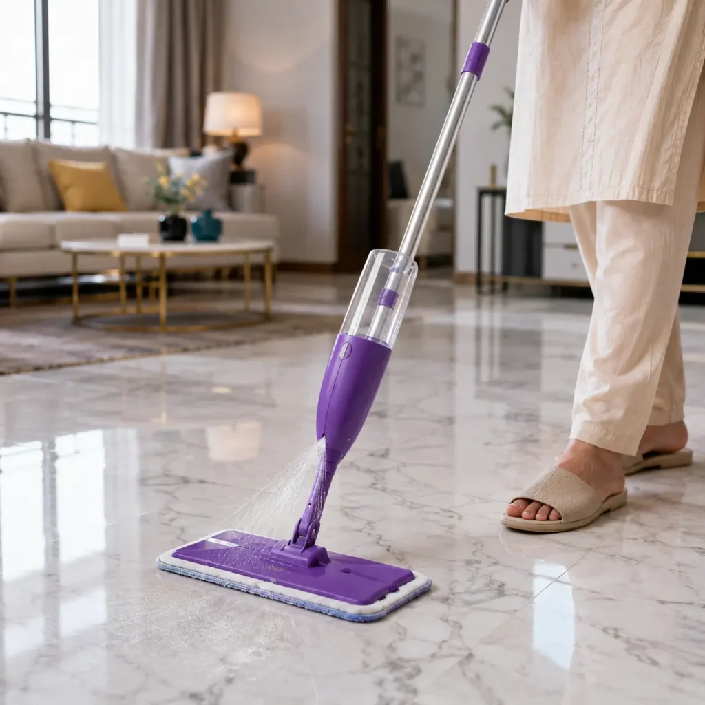 Microfiber spray mop cleaning a marble floor