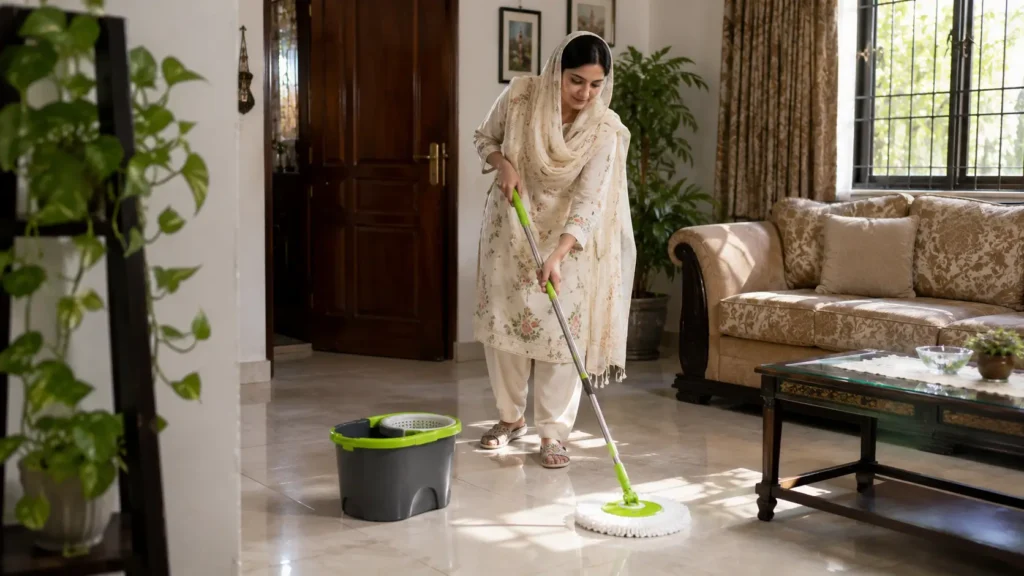 Cleaning a tiled floor with a spin mop in a Pakistani home