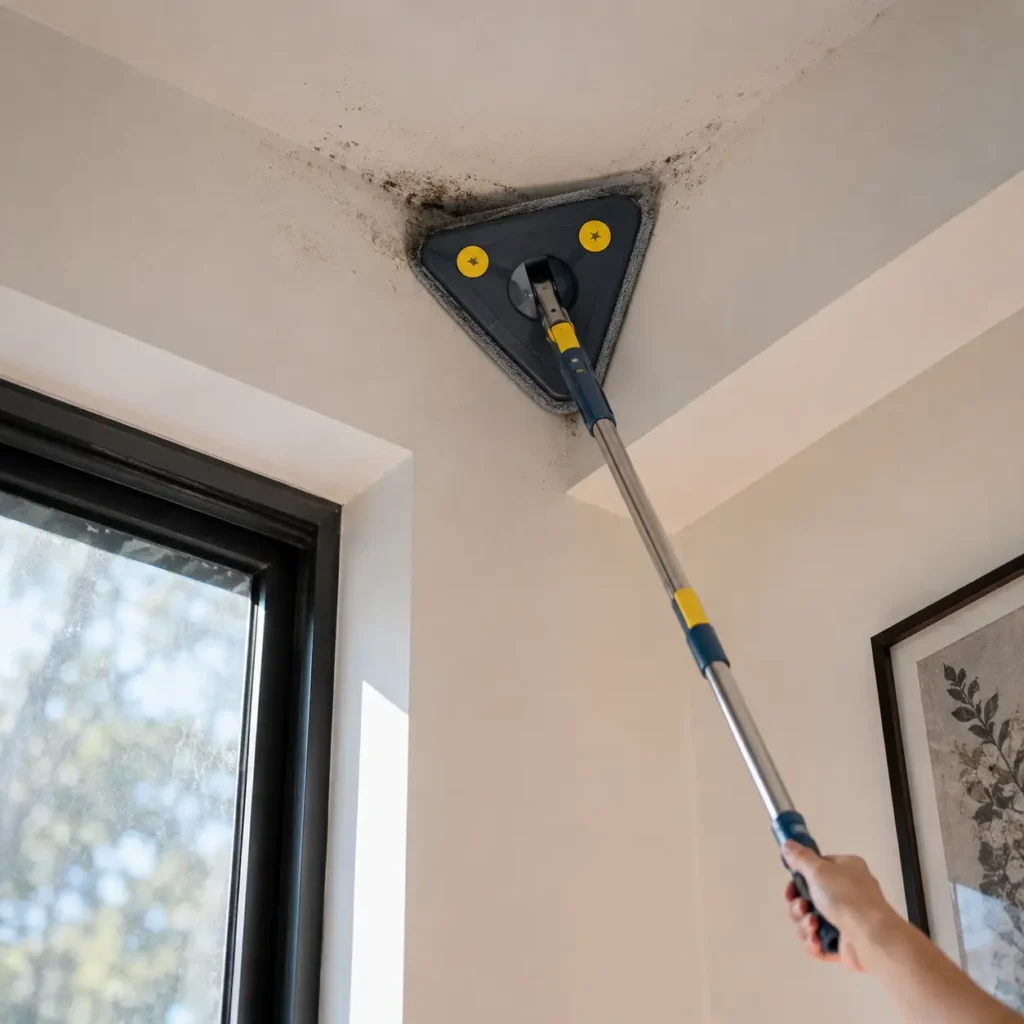Triangle cleaning mop reaching corners and walls