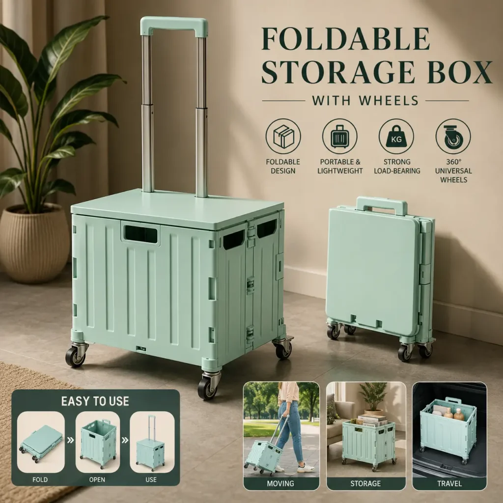 Collapsible Rolling Crate Trolley with Spinning Lid
