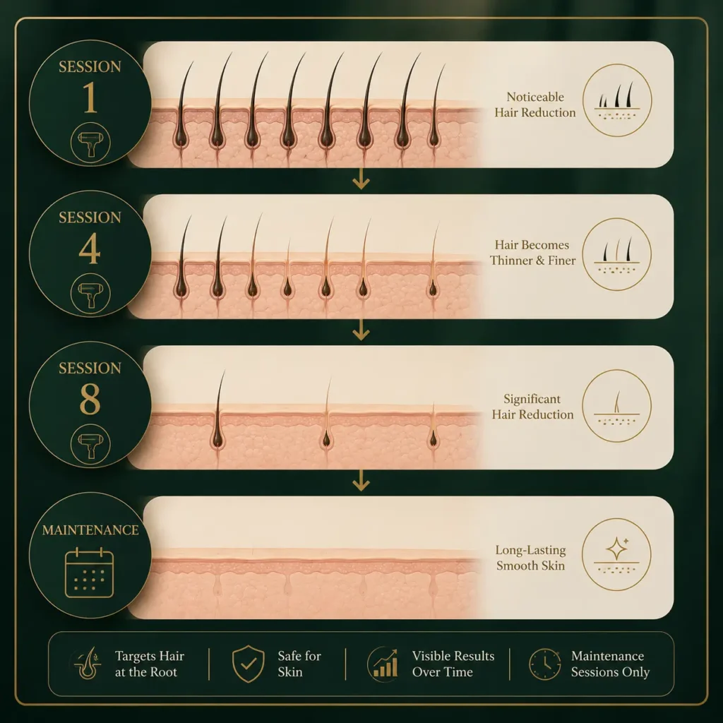 IPL hair reduction shown across multiple treatment sessions