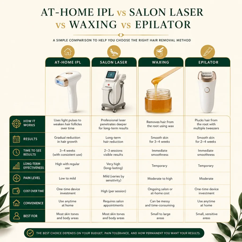 Comparison of IPL, salon laser, waxing and epilator methods